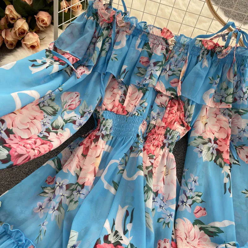 2025 New Retro Summer Beach Vacation Dress Women Sexy Strapless Lantern Sleeve Sweet Floral Jumpsuit Short Chiffon Print Dresses
