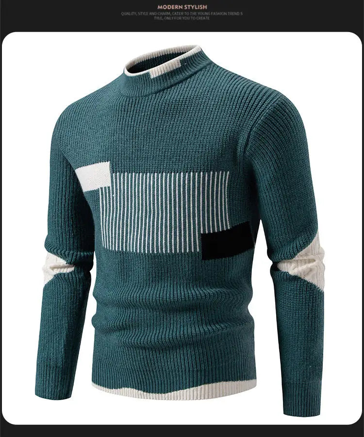 Striped Jacquard Man Pullover Sweaters Jersey Cuello Alto Hombre Autumn Winter Half High Collar Long Sleeve Men Knitted Sweater