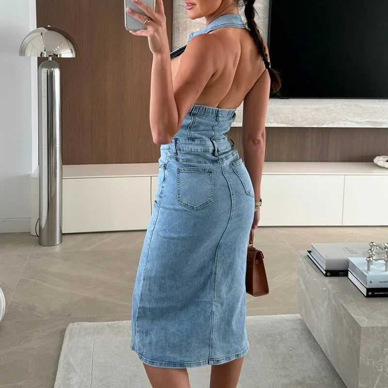 Sexy Lapel Sleeveless Women Denim Dress Fashion Single Breasted Split Slim Midi Dress Elegant Backless Hollow Solid Party Dress