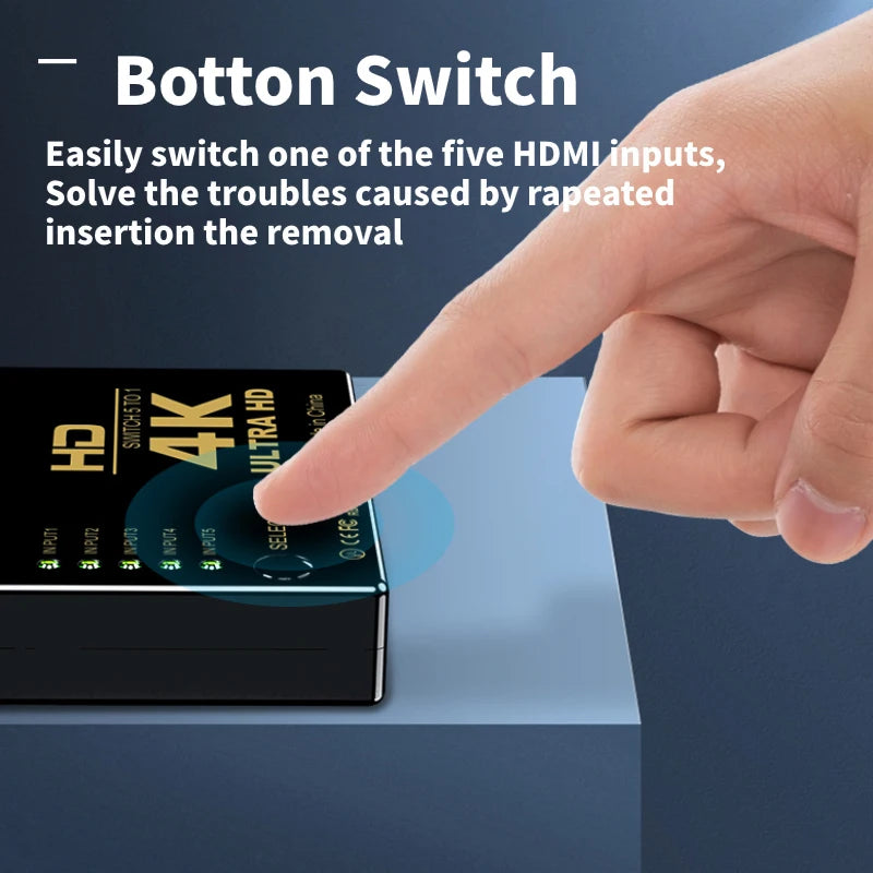 5 Input 1 Output HDMI-compatible 4K Video Switcher With IR Remote Controller  HDTV Switches for Xbox PS4 DVD HDTV PC Laptop TV