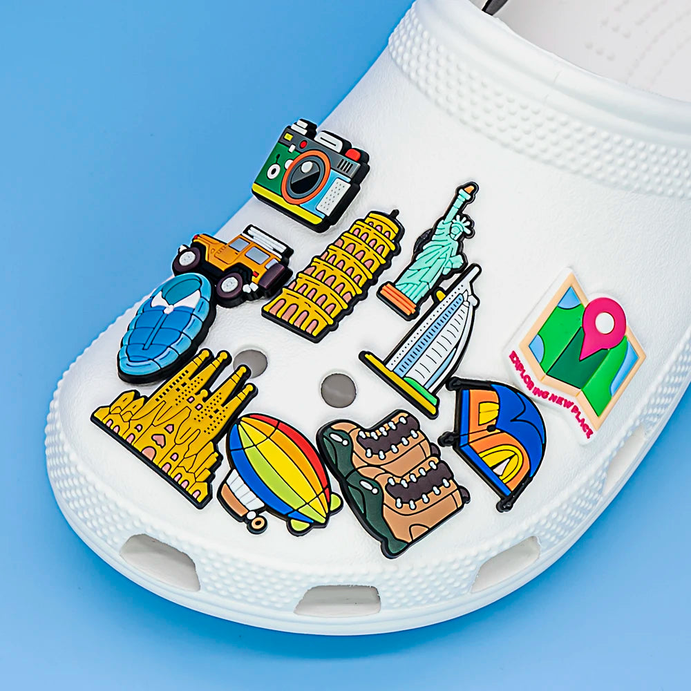 1/25pcs World Travel Shoe Charms Eiffel Tower Shoe Decorations Leaning Tower of Pisa Statue of Liberty Garden Sandals Accessory
