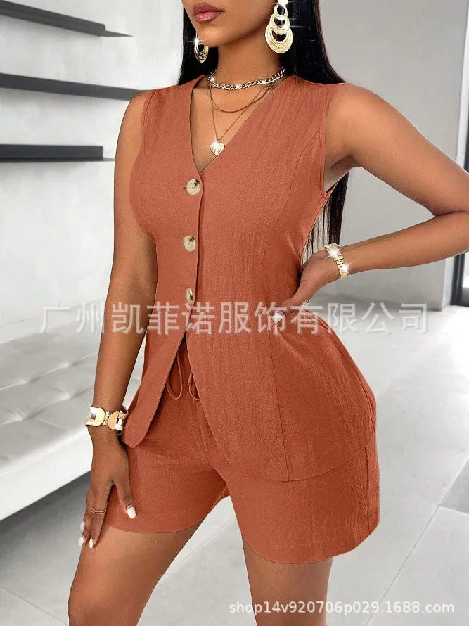 Women Fashion Casual Shorts Set Summer Vest Top Button Solid 2 Pieces Set Lace-up Pant Suits Womens Clothing Office Holiday 2025