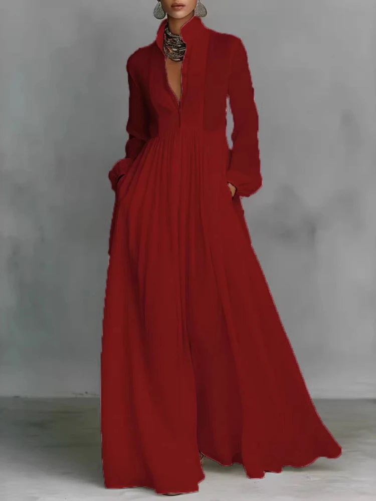 Elegant High Waist Swing Long Dress Woman Spring Solid Pockets Pleated Maxi Dress Spring Autumn Long Sleeve Button Evening Dress