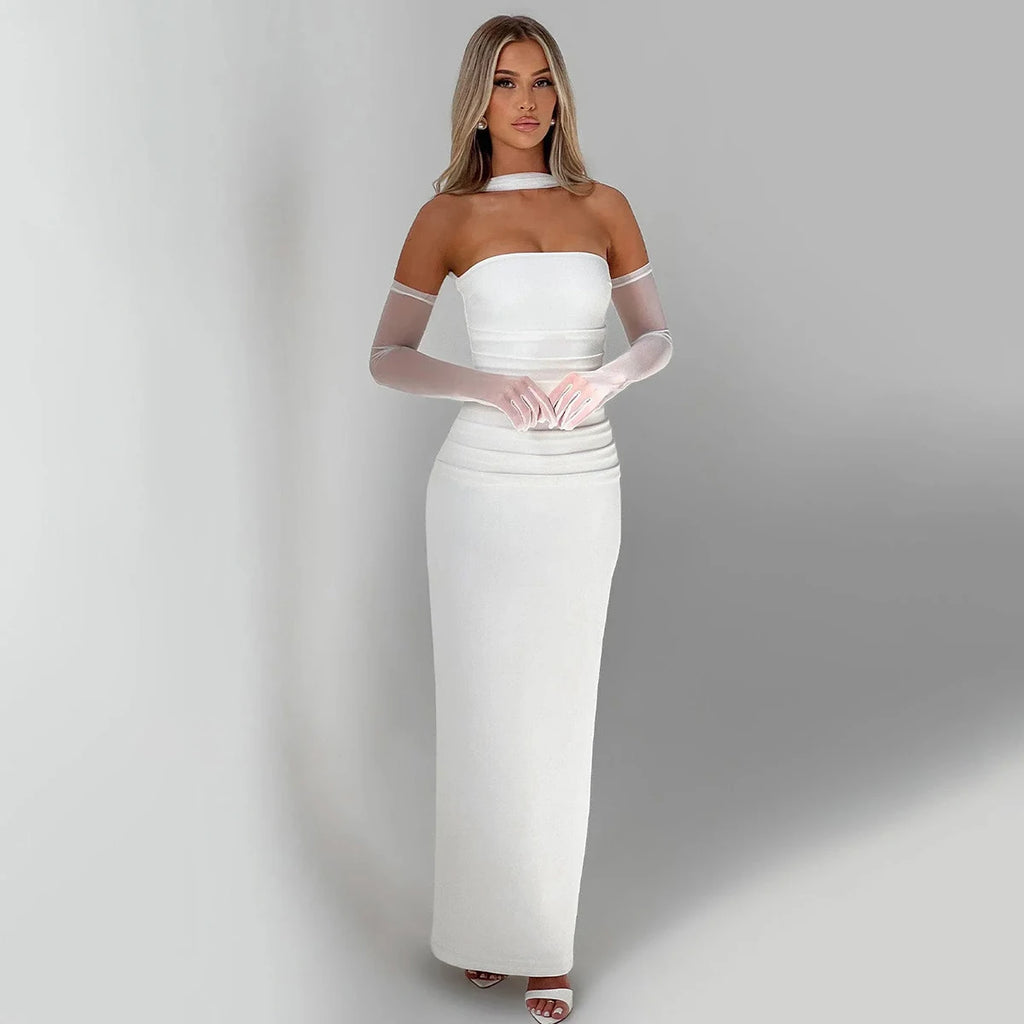 Hugcitar Elegant Scarf Strapless Solid Mesh Gloves Sexy Bodycon Maxi Prom Dress Women Fashion Y2K Outfits Wedding Party Birthday