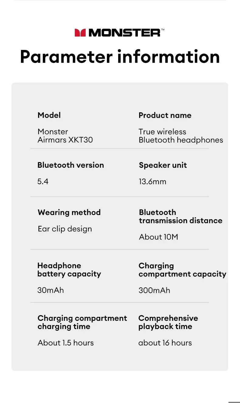 Choice Original Monster XKT30 TWS Wireless Bluetooth 5.4 Ear Clip Touch Earphones Deep Bass Noise Reduction Gaming Headset