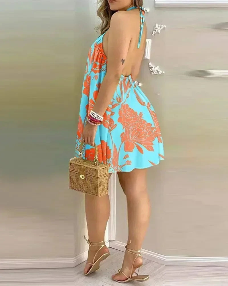 Ladies Sleeveless Beach Dress Halter Neck Tropical Floral Leaf Print Loose Flowy A‑Line Vacation Mini Dress