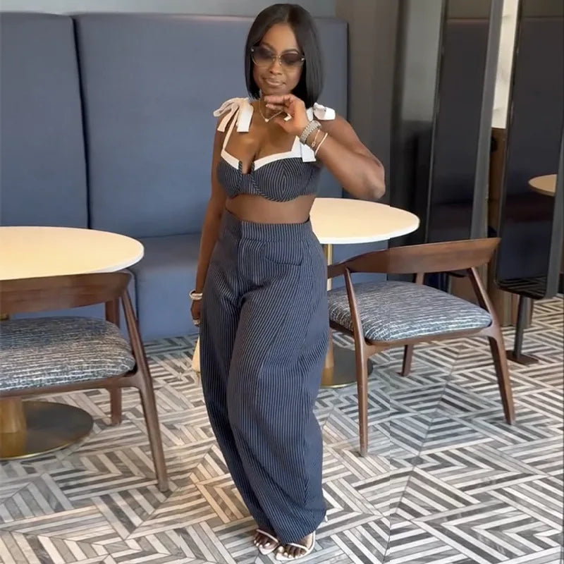 Pant Set Women Two Piece Sets Strapless Sleeveless Sexy Tops Wide Leg Long Pants High Waist Y2k Streetwear Elegant Slim Fit
