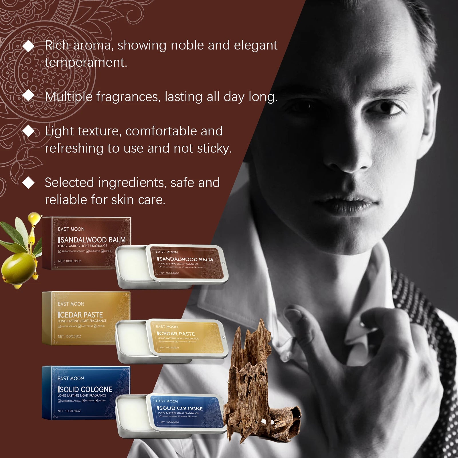 3Scents Men's Solid Cologne Lasting Fresh Cologne Pheromones Fragrance Men Deodorant Portable Woody Scent Solid Fragrance Balm