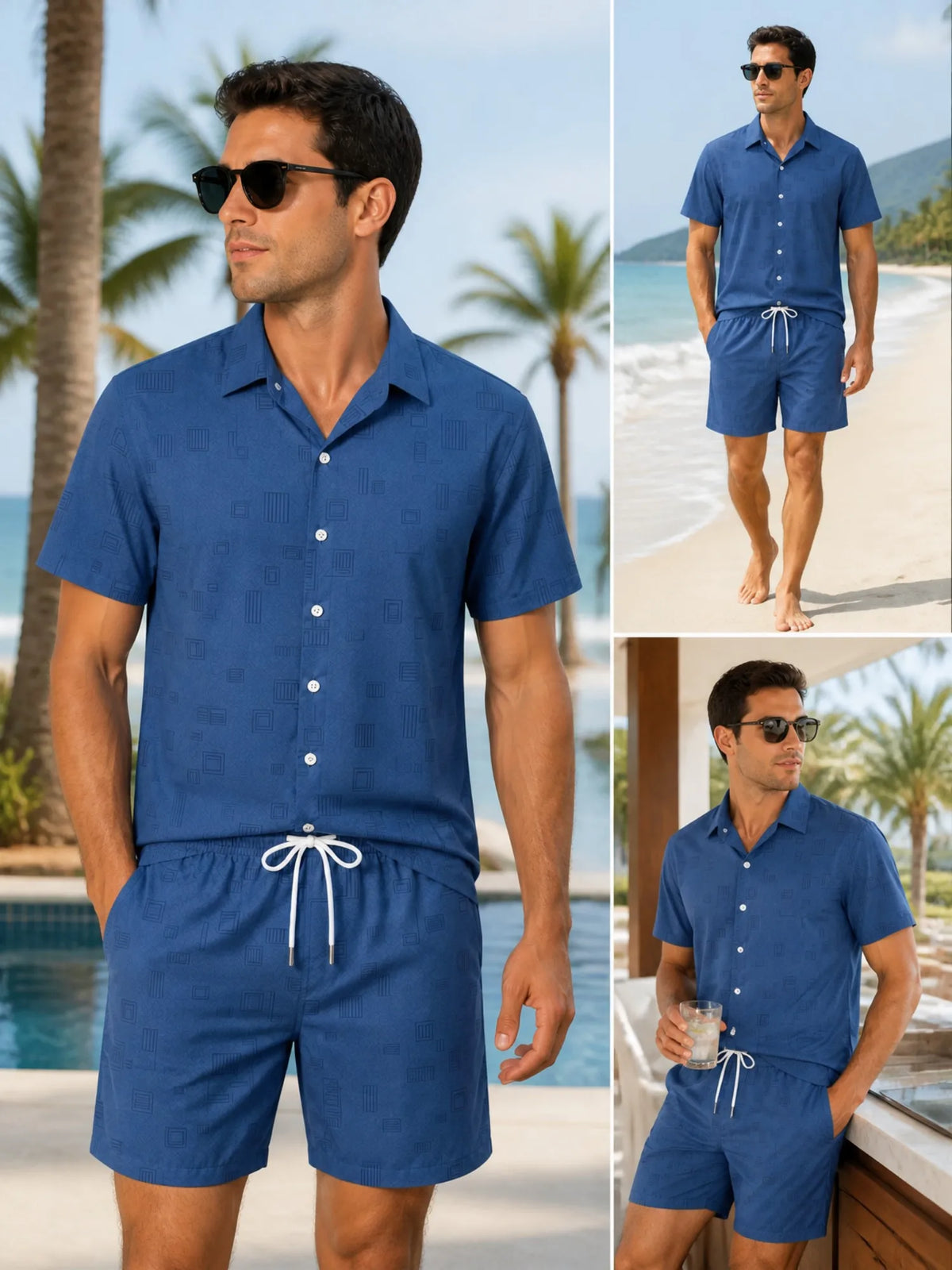 Mens Floral Short Sleeve Shirt and Drawstring Shorts Set Beach Vacation Relaxed Summer Two Piece Weekend Beach Outfit Travelwear
