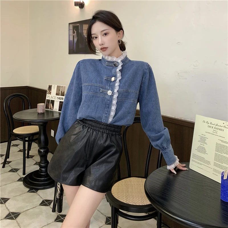 2025 Spring Lace Denim Shirt Women Fashion Patchwork Long Sleeve Blouse Female Loose Stand Collar Button Down Jean Shirts Woman