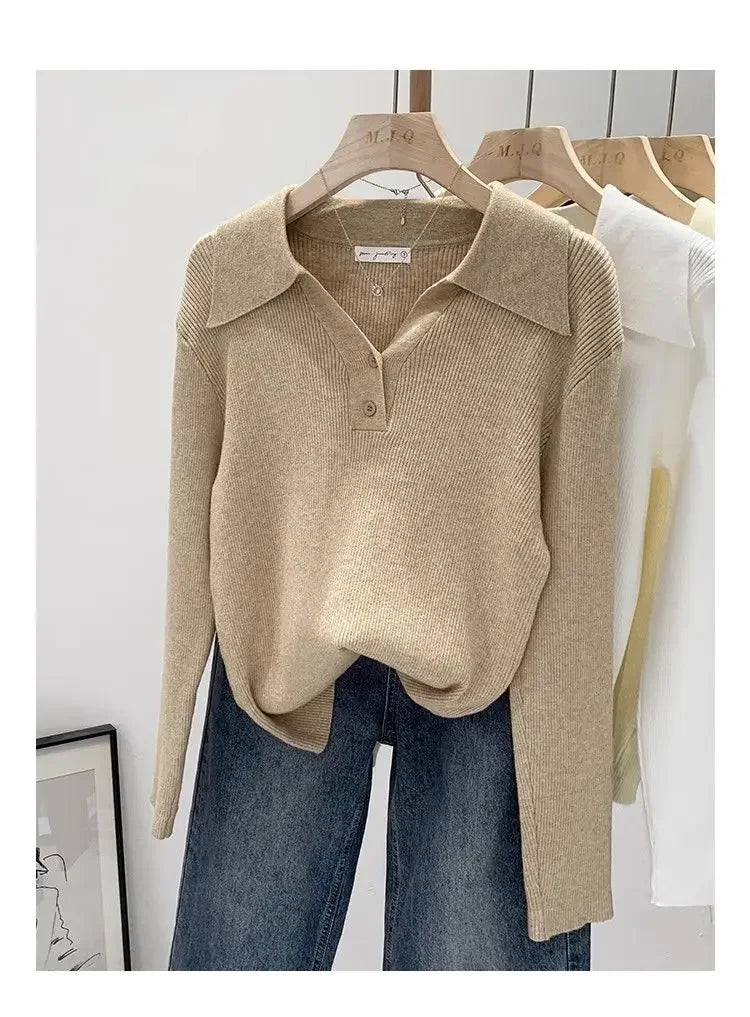 Polo Collar Knit Sweater Women Pullovers Casual Button Front Long Sleeve Rib-knit Jumper Chic Knitwear Trend Autumn Winter Tops