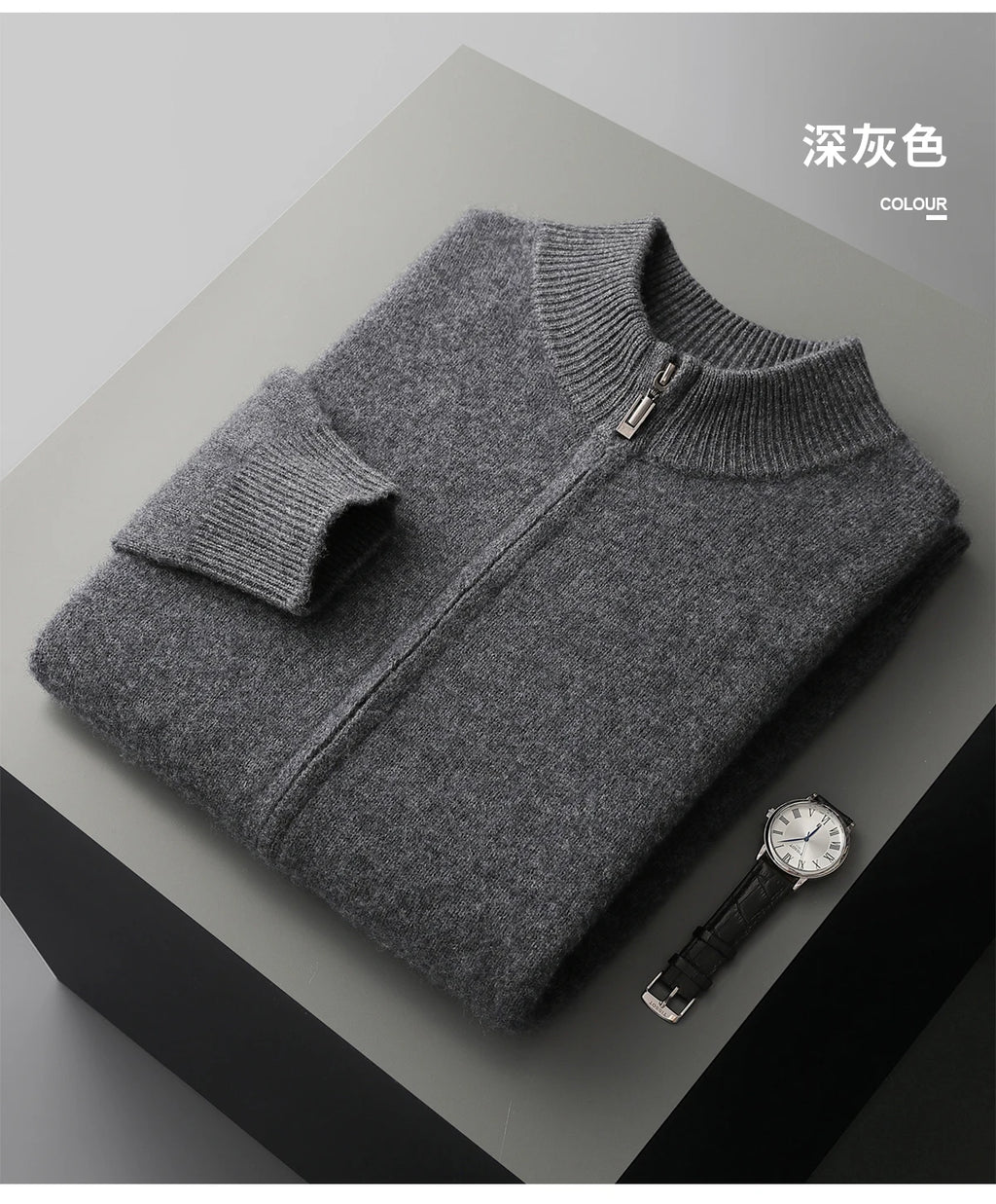 Men's 100% Merino Wool Two-piece Suit Autumn Winter Knitting Zipper Cardigan and Straight-leg Pants Warm Thickened Clothing Sets