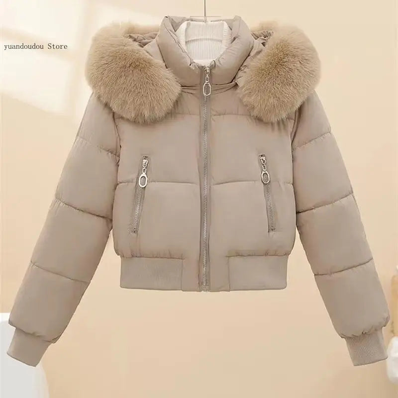 Windproof Warm Long Sleeve Jacket Fit Lady Down Coat Women Winter Cotton Coat Short Fur Collar Hooded Outerwear