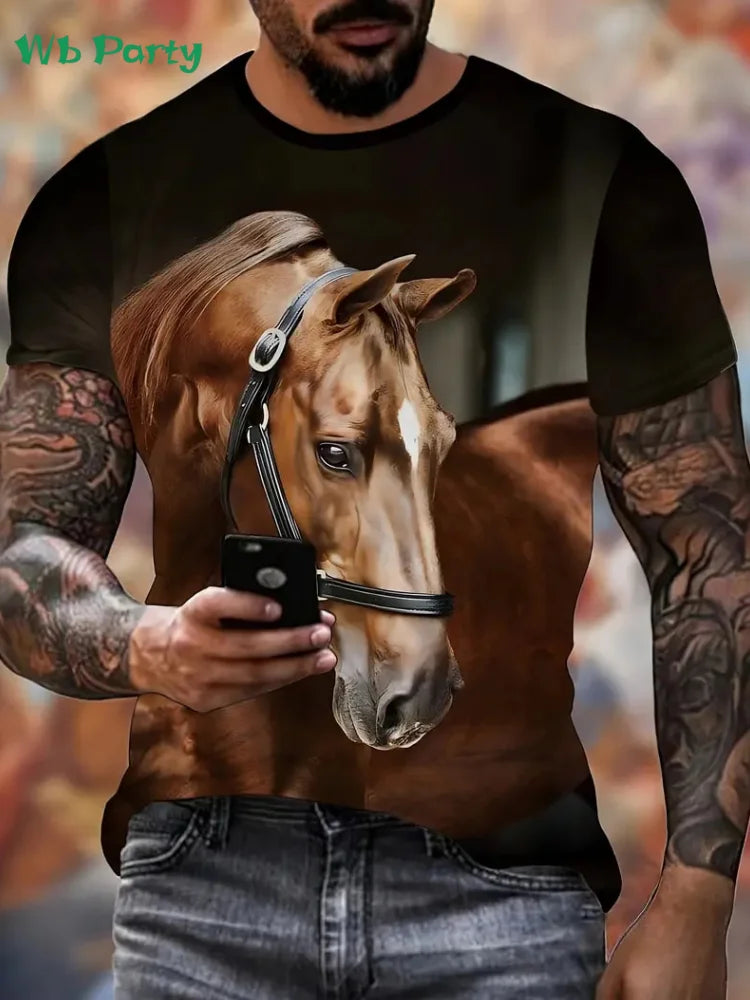New Horse T-Shirts for Men Summer Outdoor Men Short Sleeve Animal Print Breathable Men's Clothing Fashion Round Neck Men's Tops