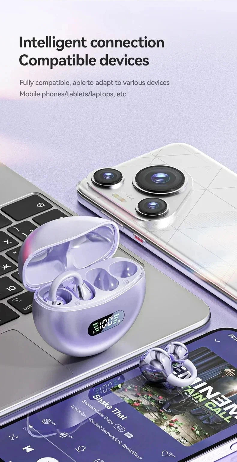 Digital Display Ear Clip Headphones Wireless Bone Conduction Bluetooth 5.4 Earbuds Comfortable Waterproof Sport Headsets