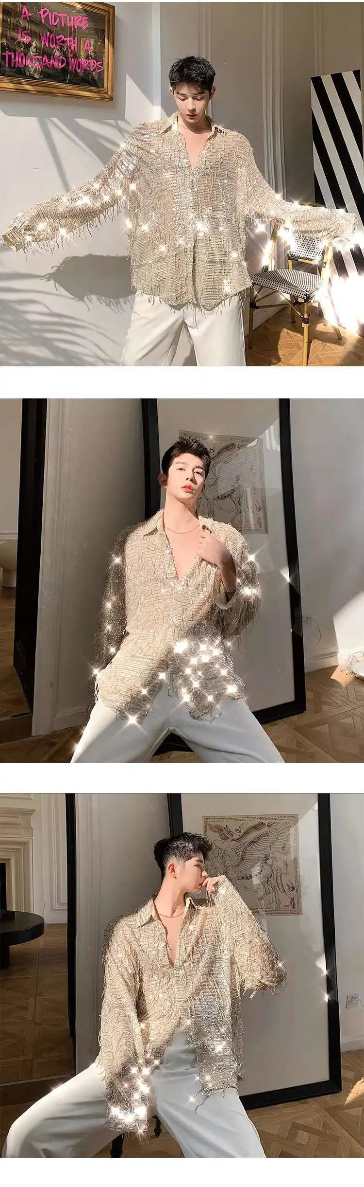 IEFB Spring Summer Men's Shirt Long Sleeve New Irregular Sequin Tassel Shirts Niche Streetwear Korean Style Male Top Tide 9Y7232