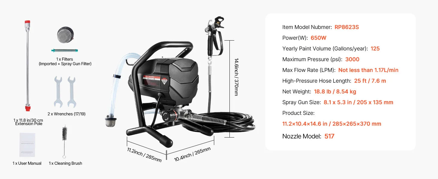 SucceBuy Stand Airless Paint Sprayer, 650W High Efficiency Airless Sprayer, 3000PSI Electric Paint Sprayer Machine Extension Rod