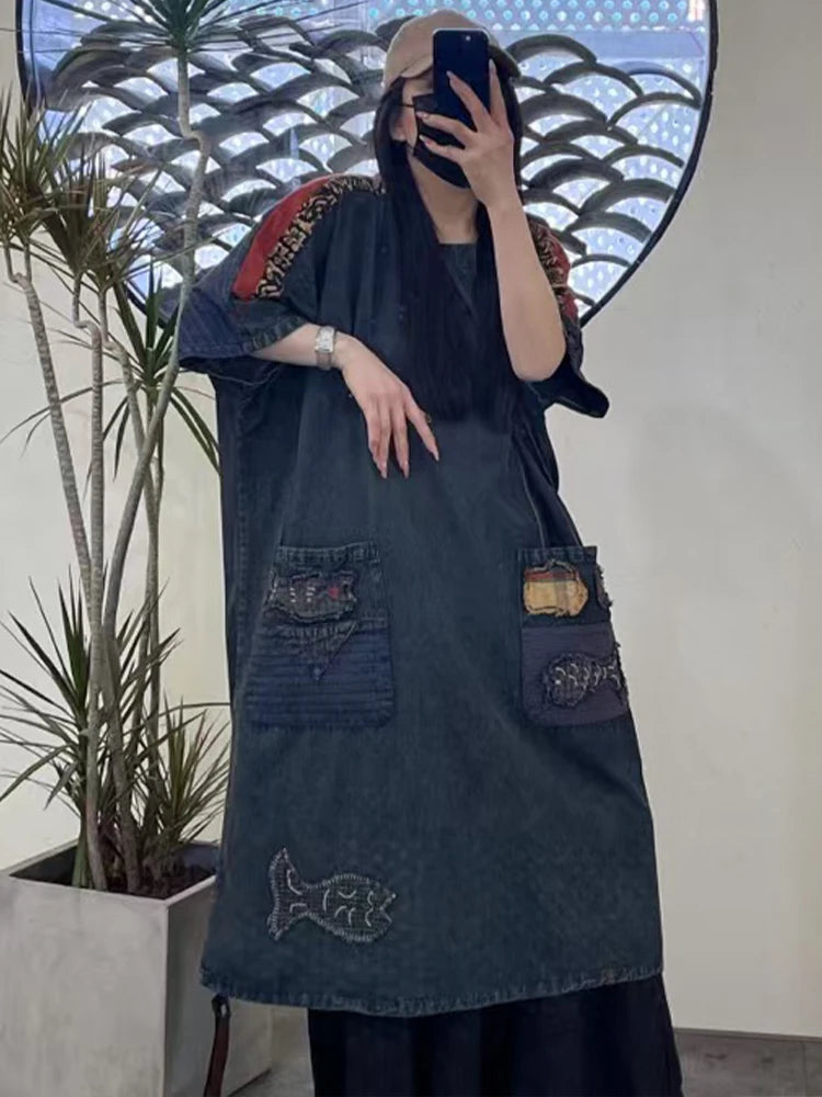Amax LuluE Summer Chinese Womens Casual Embroidery Denim Dress Loose Cartoon O Neck Long Clothes Ladies Classic Vintage Vestidos
