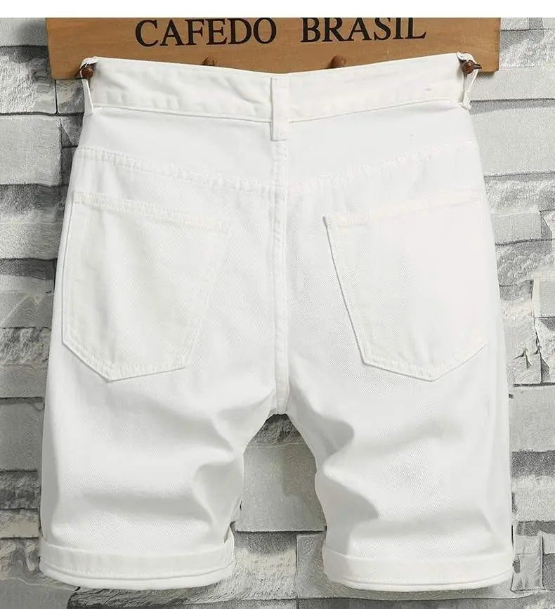 Men's Denim Shorts 2025 Summer Y2k Streetwear Ripped Casual Denim Knee Length Solid Jeans Shorts White New Classic Jeans Shorts