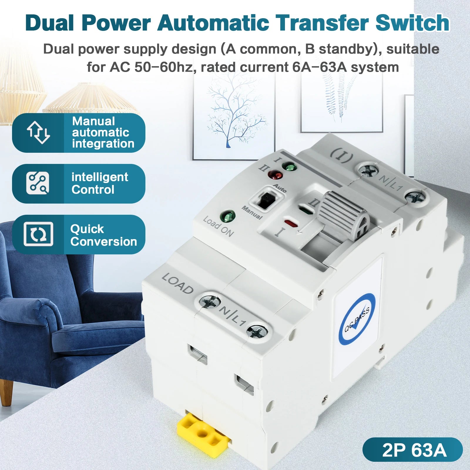 DEWIN G2R Din Rail 2P 63A ATS Dual Power Automatic Transfer Switch Electrical Selector Switches 220V Electrical Selector Switch