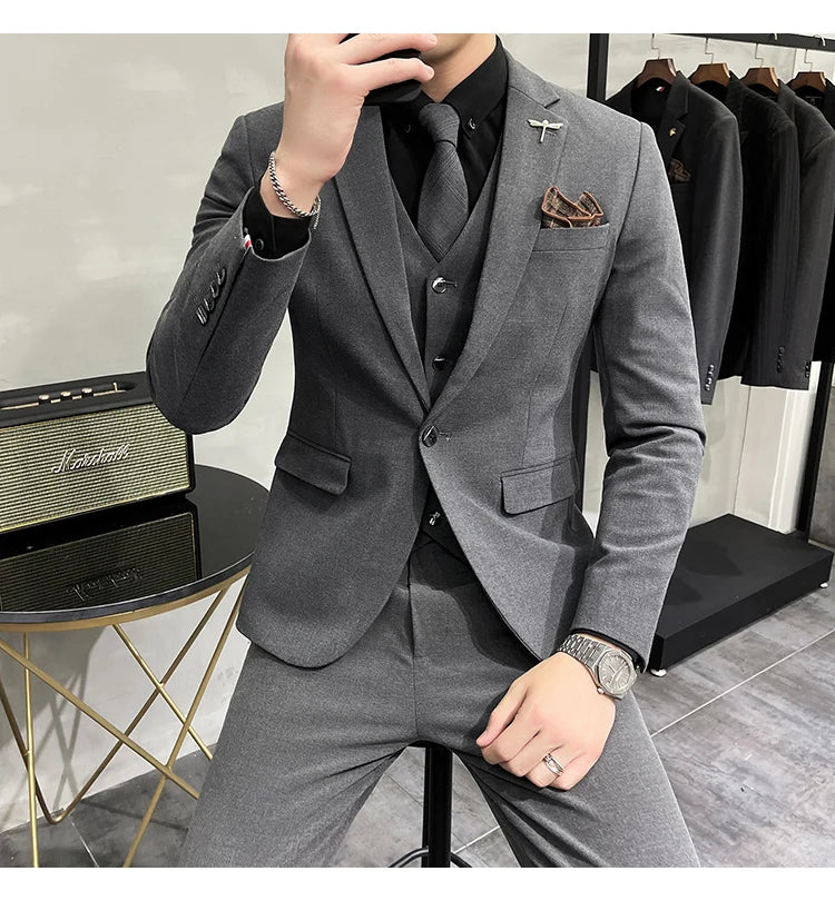 Blazer Vest Pants Men's Navy Blue Suit Set Slim Fit Blazer Vest Pants Formal Outfit for Business Wedding Office Groom Party