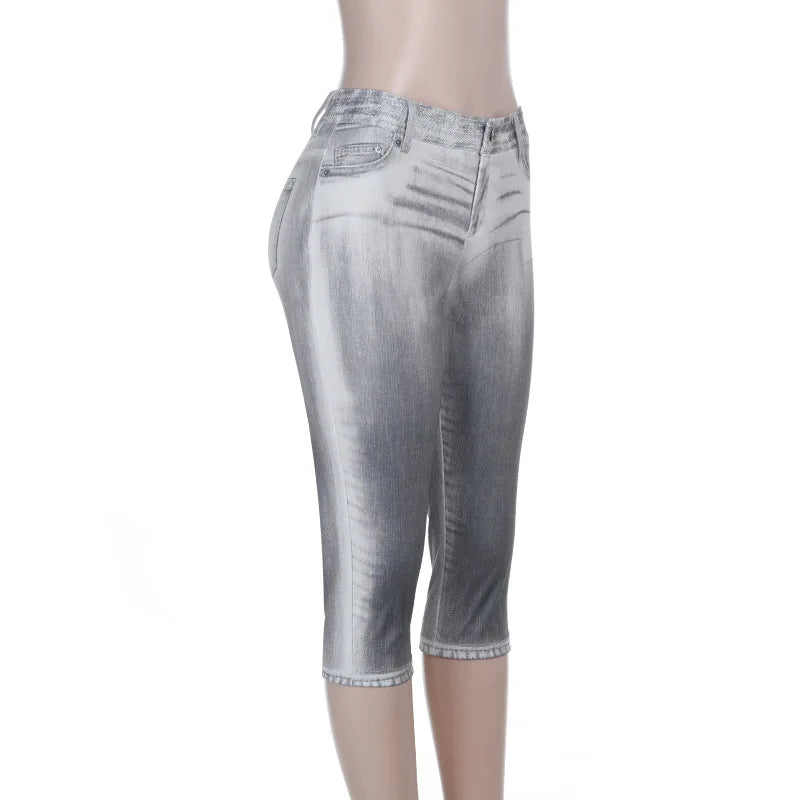 European and American Digital Printed Imitation Denim Six-point Pants 2026 Summer Vacation Beach Casual Pants