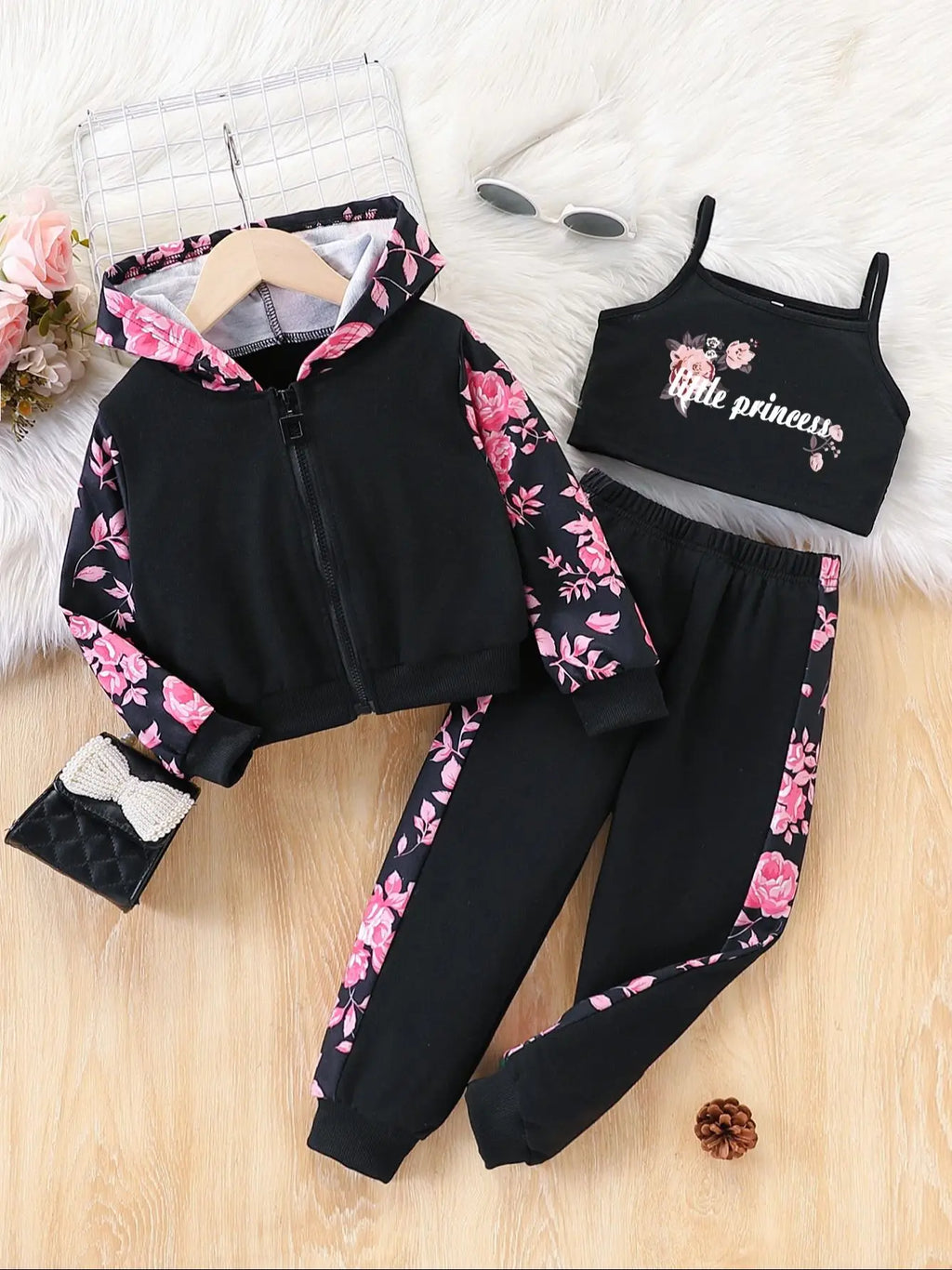 3-Piece Set for Girls, Spring and Autumn Fashion Casual Floral Patchwork Hooded Long-Sleeve Zip-Up Jacket + Printed Camisole + Pants Set, Outdoor Sportswear for Little Girls