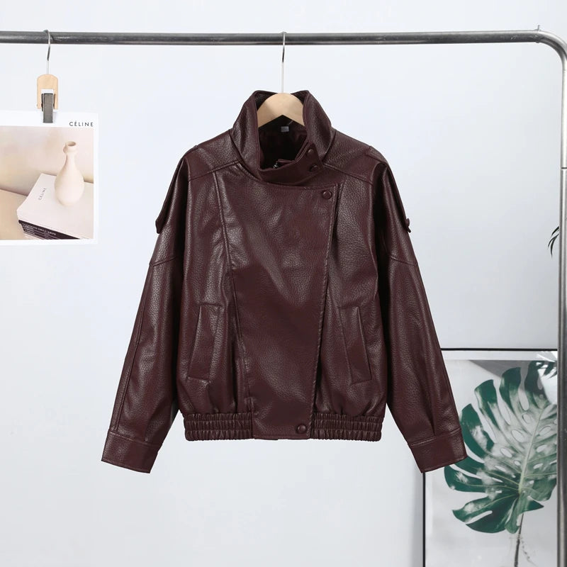 High Street Leather Jackets Women's Casual Double-breasted Turn Down Collar Loose Coats Elastic Waist 2026 Autumn New Outwear