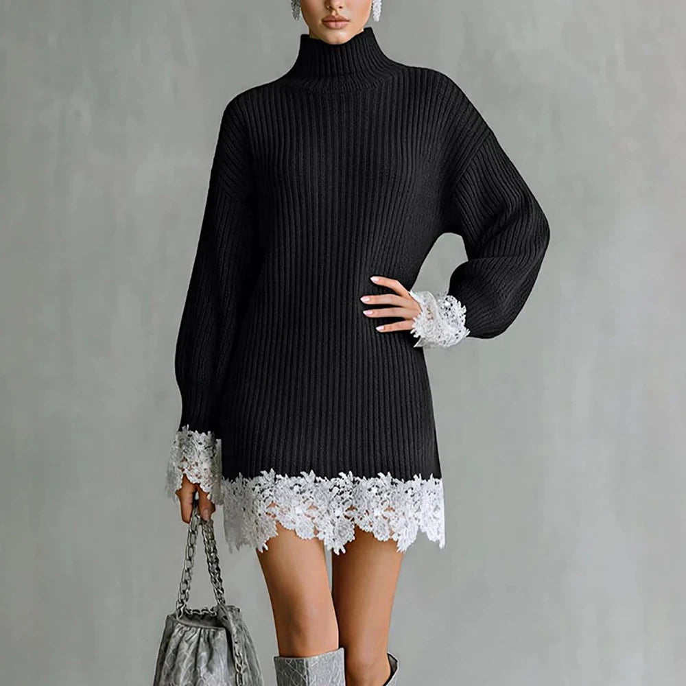 Women Turtleneck Ribbed Knit Mini Dress Vintage Hollow Out Lace Hem Long Lantern Sleeves Loose Winter Streetwear Sweater Dresses