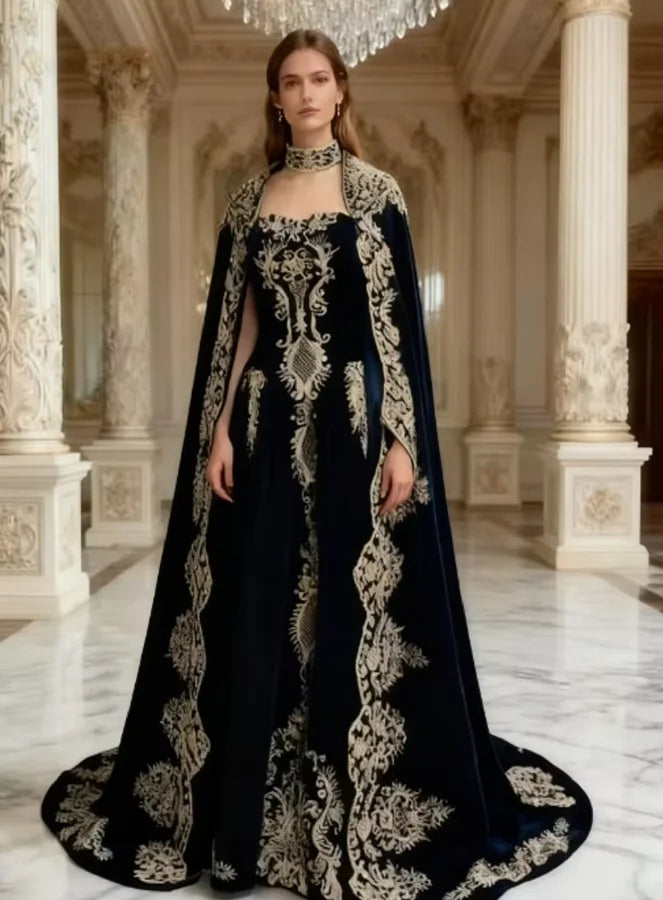 Navy Sweetheart 2-pieces Appliques Evening Dress Caftan Kaftan Velvet Prom Dresses Elegant Women Cocktail Gown Vestido De Gala