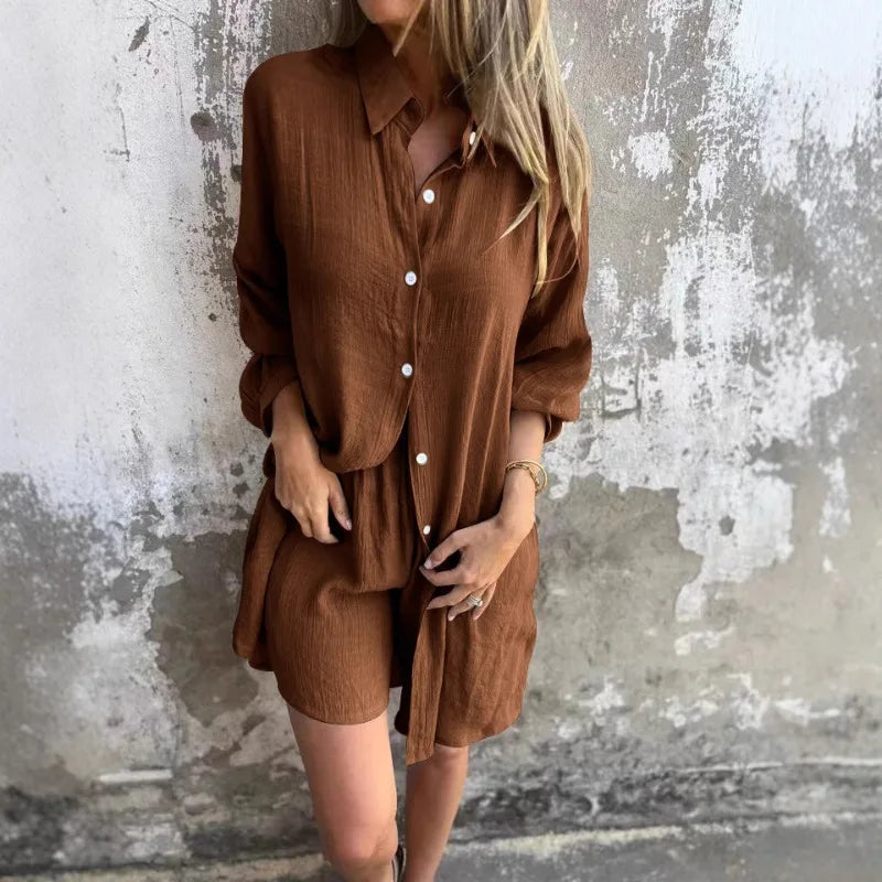 2026 Women's Casual Solid Color Cotton and Linen Shorts Long Sleeve Wrinkle Shirt Two-piece Set