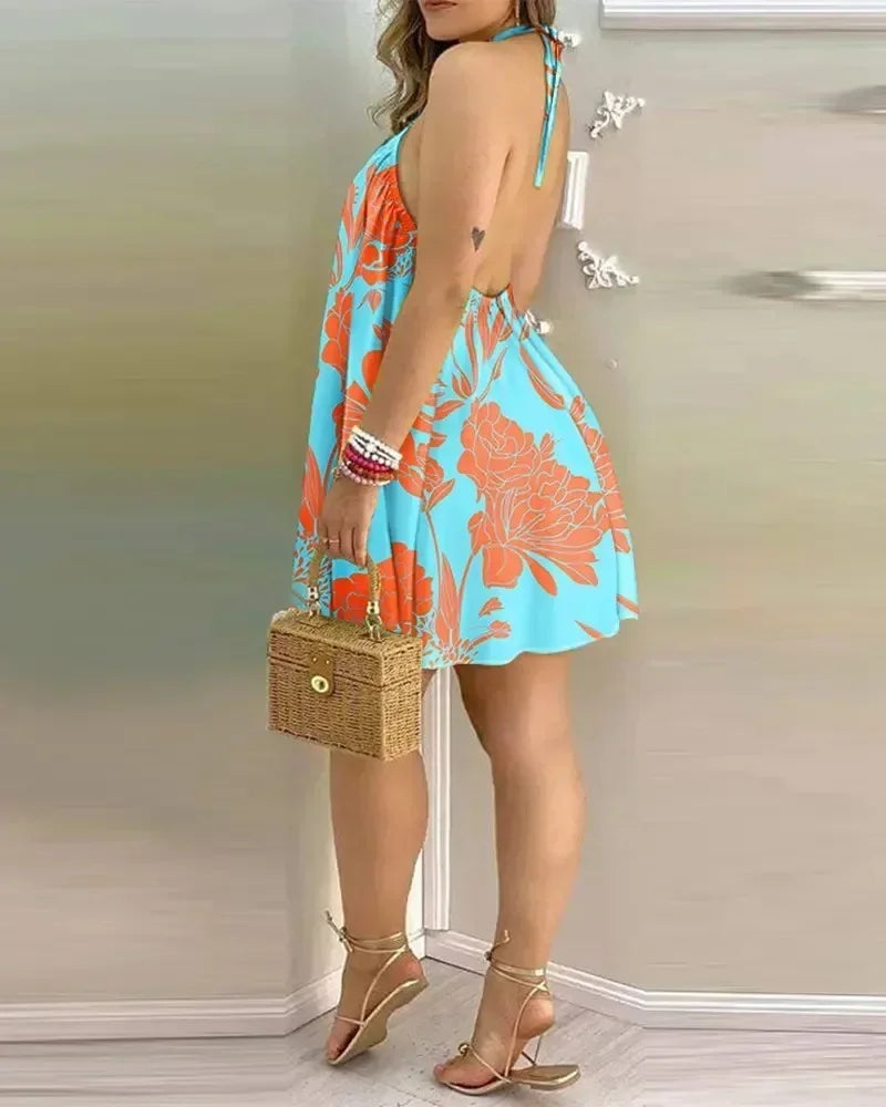 Ladies Halter Neck Sleeveless Mini Dress Striped Print Loose Casual Beach Vacation Dress