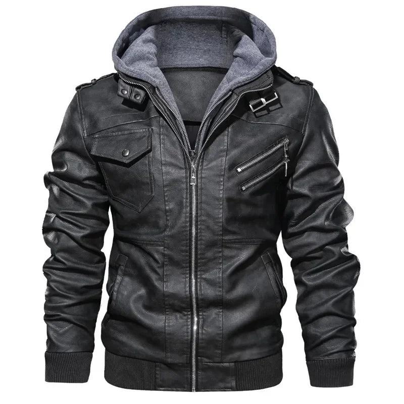New Men's Hooded Leather Jackets Autumn Winter Casual Zipper Motorcycle PU Jacket Biker Leather Coat Hat Detachable Punk Outwear