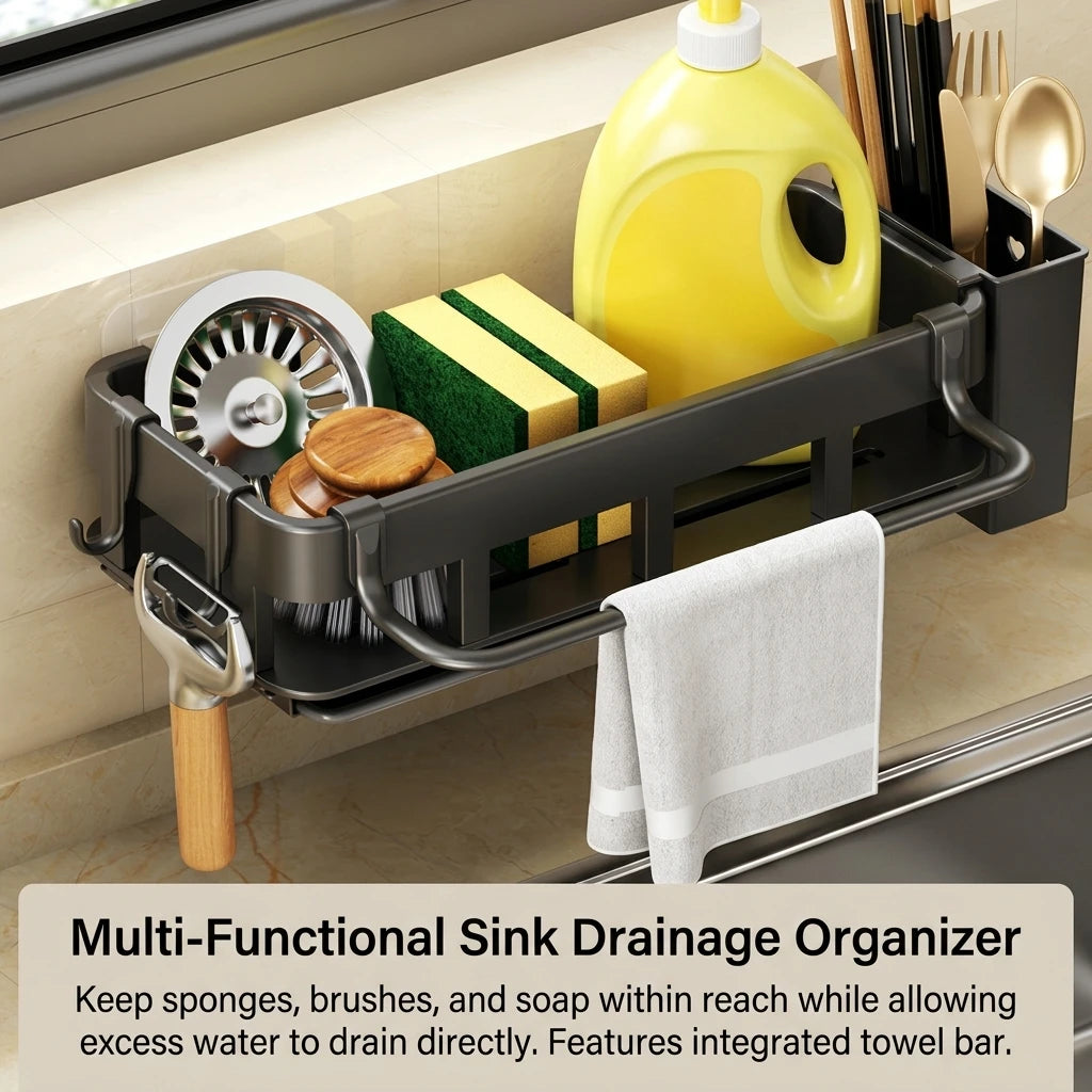 Kitchen Sink Organizer Rack Stainless Steel Drainage Storage Shelf For Cleaning Tools
