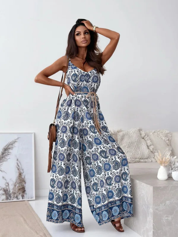 Elegan V-neck High Waist Jumpsuit Women's Fashion Pattern Print Loose Long Romper Causal Sleeveless Wide Leg Playsuit Women