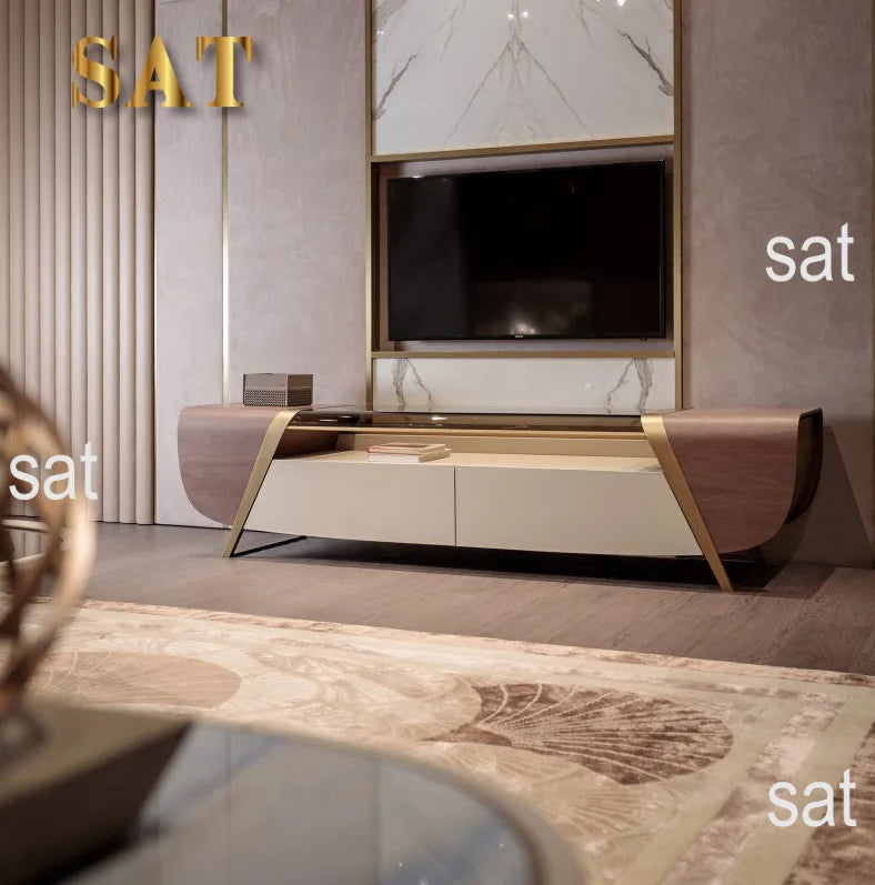 yt-Modern Living Room Walnut Glass Top Stainless Steel Cabinet TV Stand-