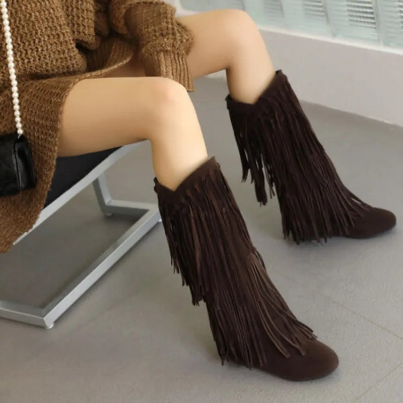 2025 New High Boots Women Bohemian Flock Tassle Mid-Calf Boots Wedge Booties Autumn Winter Ethnic Casual Shoes zapatos de mujer