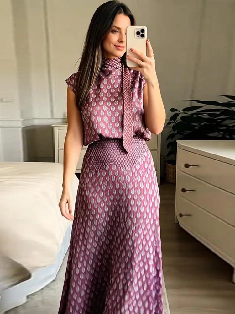 Elegant Printed Women's Vest Skirts Suit Sleeveless Top A-Line Long Skirts Lady Set 2026 Summer Autumn 2 Pieces Set Women