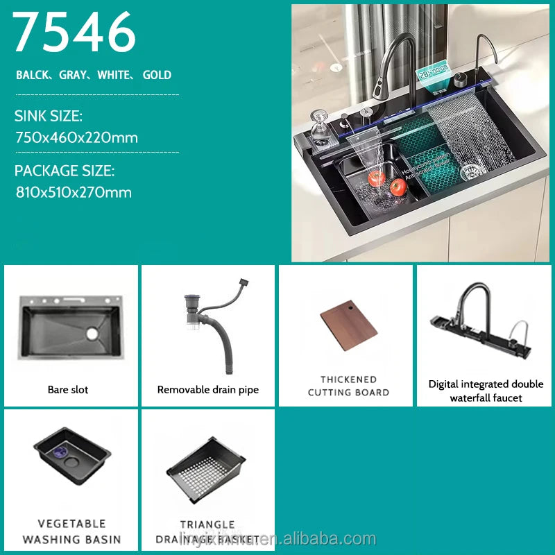 LED Factory 304 Stainless Steel Anti-Scratch Kitchen Sink Multifunction LED Digital Display Pull-Out Faucet Single Bowl Design