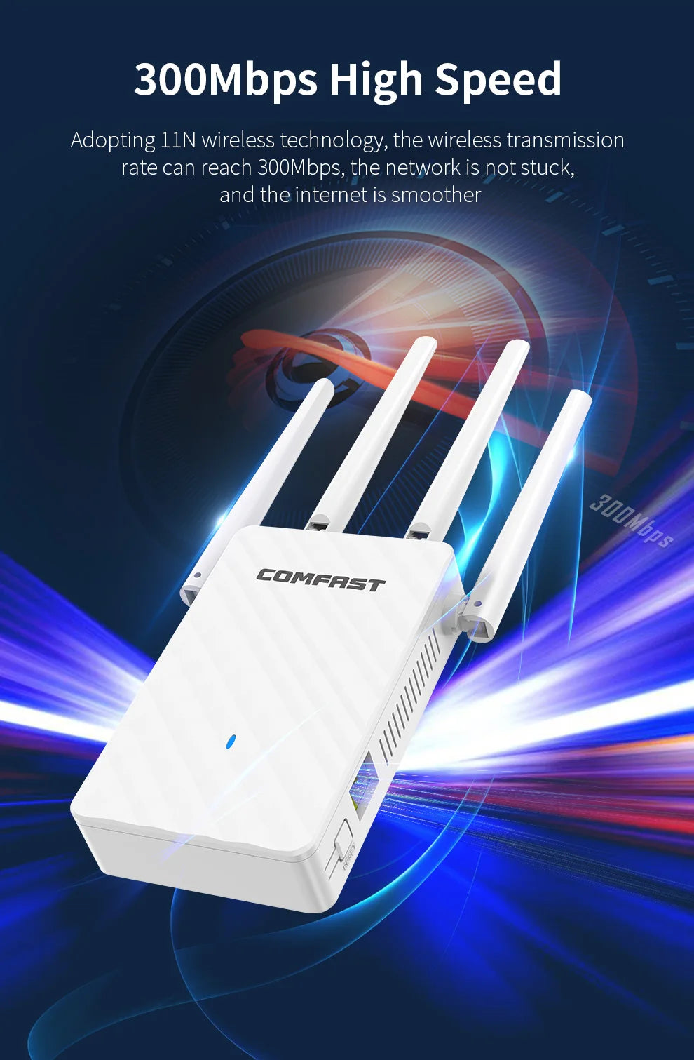 COMFAST 300Mbps WiFi Repeater Signal Booster 2.4GHz Wireless Internet Amplifier Long Range Extender with 4 Antennas for Home Off