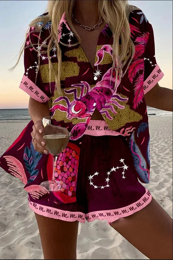 Women Summer Fashion Shorts Sets Retro Print Sleeve Shirt Shorts Suit New Casual Loose Female Beach Vacation Shorts 2 Piece Set