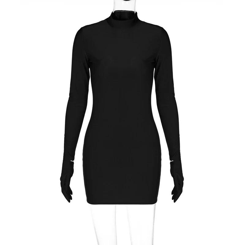 Solid Long Sleeve Mini Dress with Gloves Sexy Streetwear Party Outfit Half Turtleneck Bodycon Y2K Style Wholesale