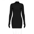 Solid Long Sleeve Mini Dress with Gloves Sexy Streetwear Party Outfit Half Turtleneck Bodycon Y2K Style Wholesale