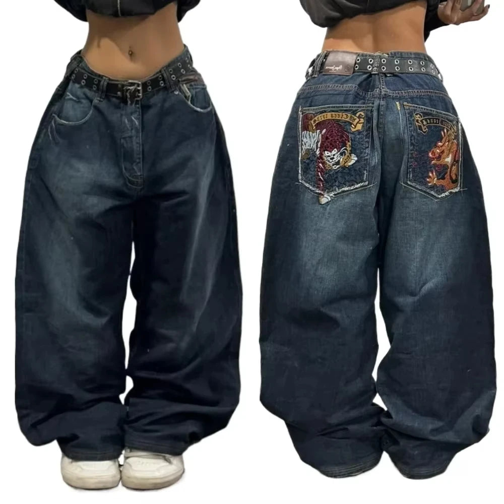 American New Fashion Geometric Pattern Embroidered Baggy Jeans Women Y2K Harajuku Vintage Hip-hop Popular Casual Wide-leg Pants