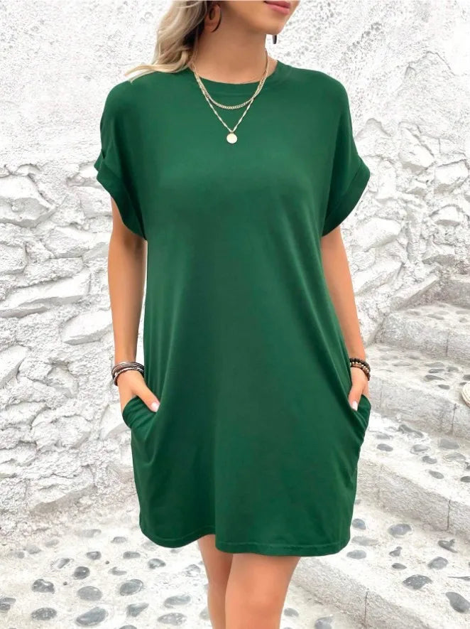 New women's spring and summer fashionable temperament casual commuting solid color round neck loose short sleeved pocket dress
