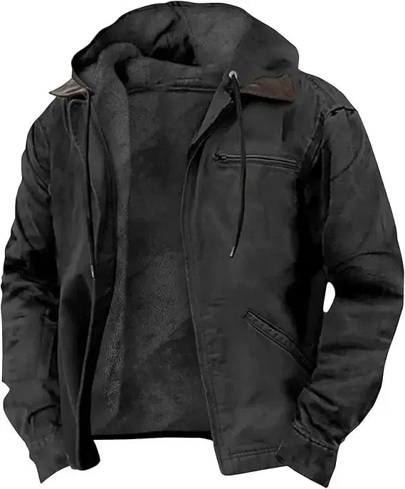 Men's Autumn Casual Retro Hooded Zipper Solid Fleece-lined Warm Fleece Jackets Male Multi Pocket Outdoor Hoodies Coats Outerwear
