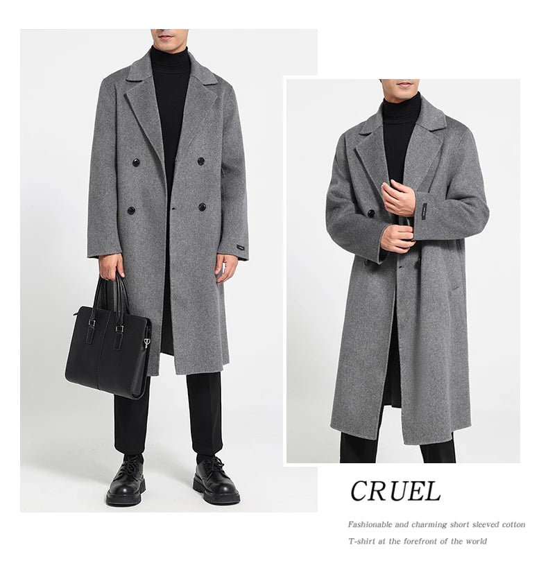 Men's 100% Cashmere Thick Double-Sided Extended Coat, Classic and Versatile Fashion for Business and Leisure