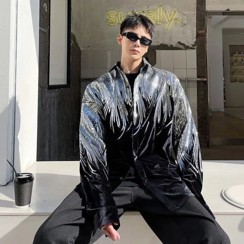 IEFB Summer Embroidery Sequin Velvet Fashionable Temperament Men's Long Sleeve Shirts Lapel Personal Design Oversize Tops 9Y6658