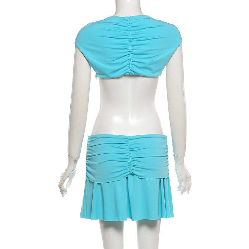 Blue Deep V Waist Cut Out Mini Dress Three Ring Connector O Ring Detail Ruched Sexy Beach Music Festival