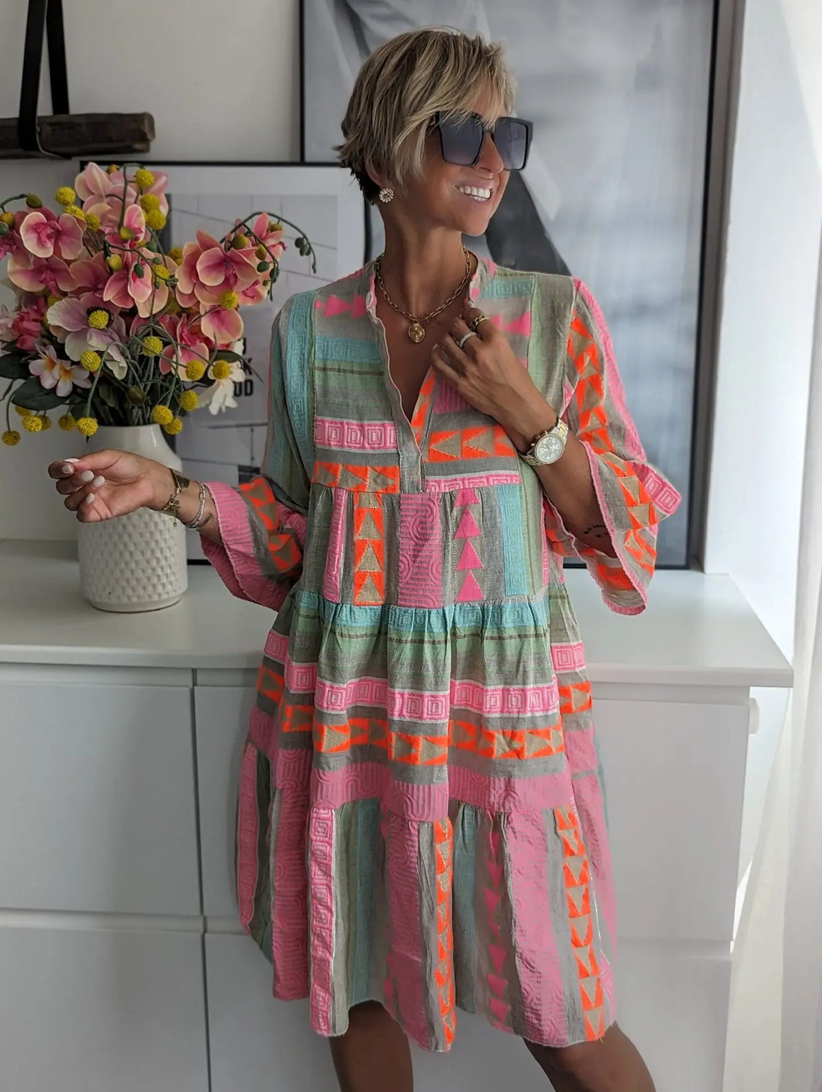 Women's Cotton and Linen Mini Dress Casual Loose Print V-neck Seven Quarter Sleeve Dresses For Women